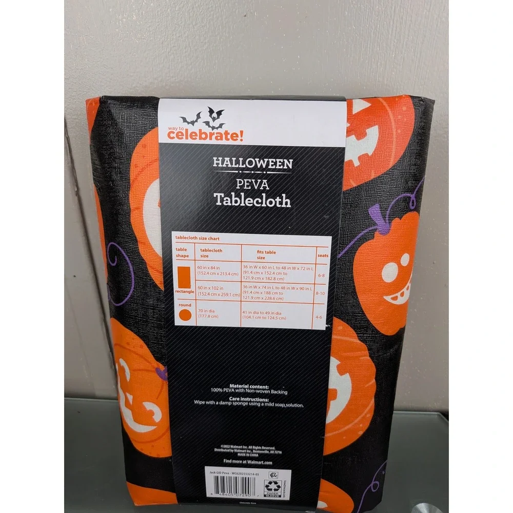 Way To Celebrate Halloween Glow In The Dark Pumpkin PEVA Tablecloth 60x102 Black